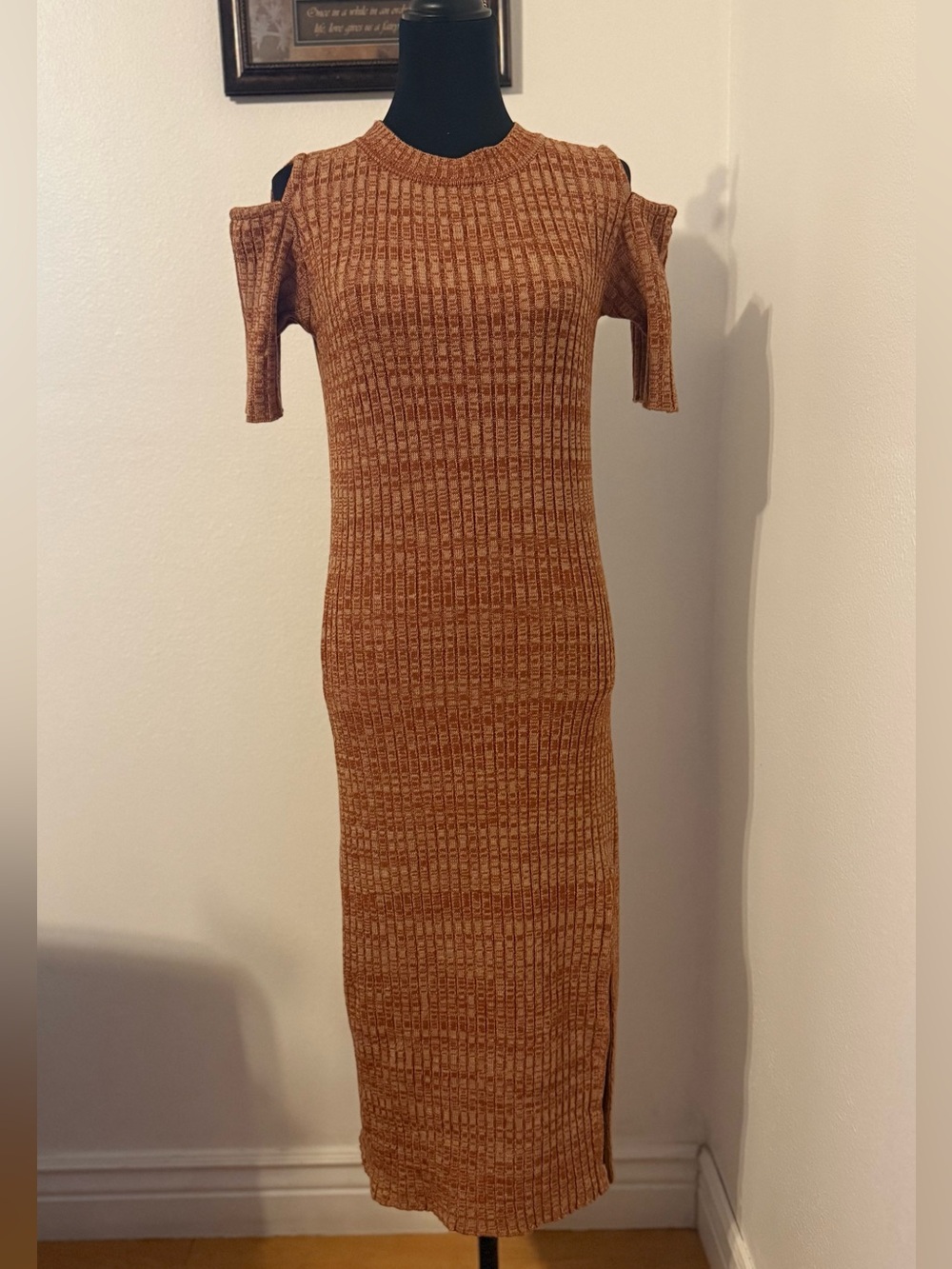 Brown Ribbed Knit Cold Shoulder Midi Dress -S
